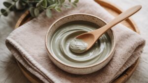 A ceramic bowl filled with Bentonite Clay Mask sits on a folded beige towel. A wooden spoon rests in the bowl, holding a small amount of the detox face mask. Green leaves are visible in the background, offering a touch of nature for glowing skin.
