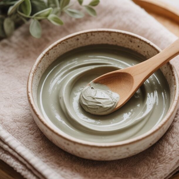 A ceramic bowl filled with Bentonite Clay Mask sits on a folded beige towel. A wooden spoon rests in the bowl, holding a small amount of the detox face mask. Green leaves are visible in the background, offering a touch of nature for glowing skin.