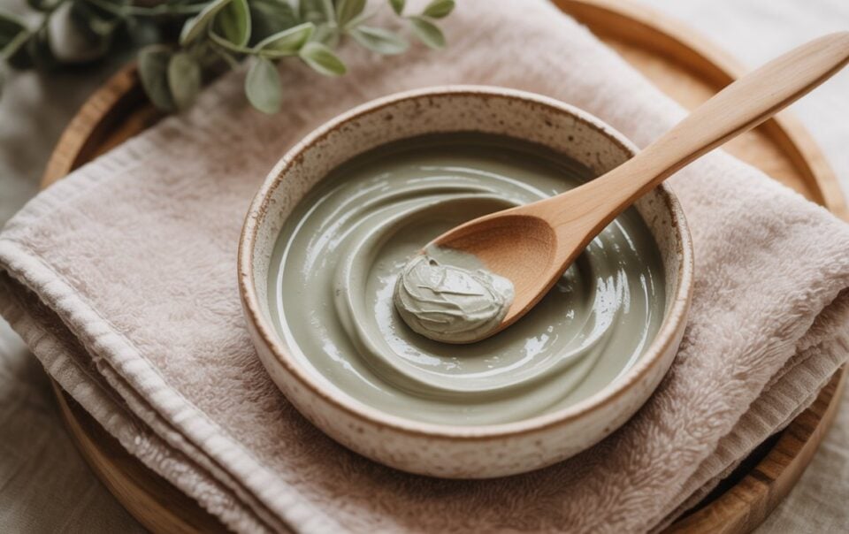 A ceramic bowl filled with Bentonite Clay Mask sits on a folded beige towel. A wooden spoon rests in the bowl, holding a small amount of the detox face mask. Green leaves are visible in the background, offering a touch of nature for glowing skin.