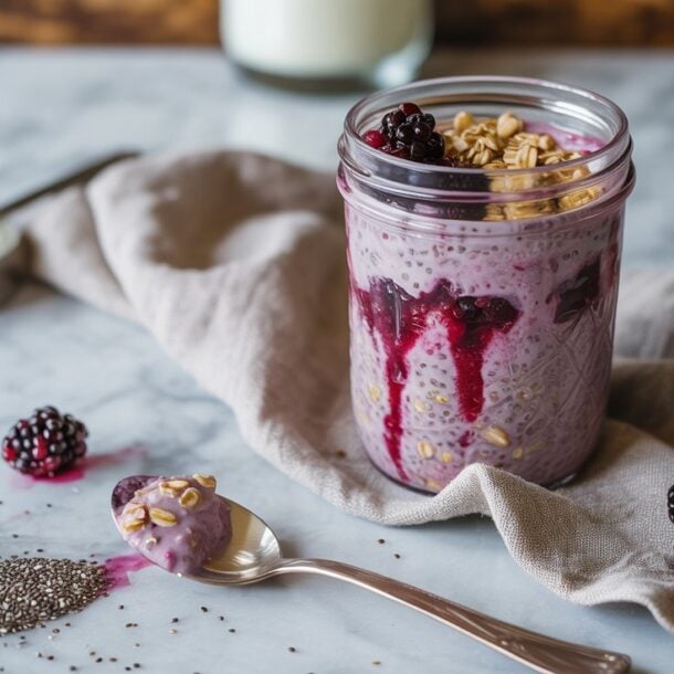 A jar of chia pudding topped with granola, blackberries, and berry sauce sits on a marble surface beside a spoonful of pudding, scattered chia seeds, and a few blackberries. In the background are a cup of oats perfect for making overnight oats and a glass of milk.