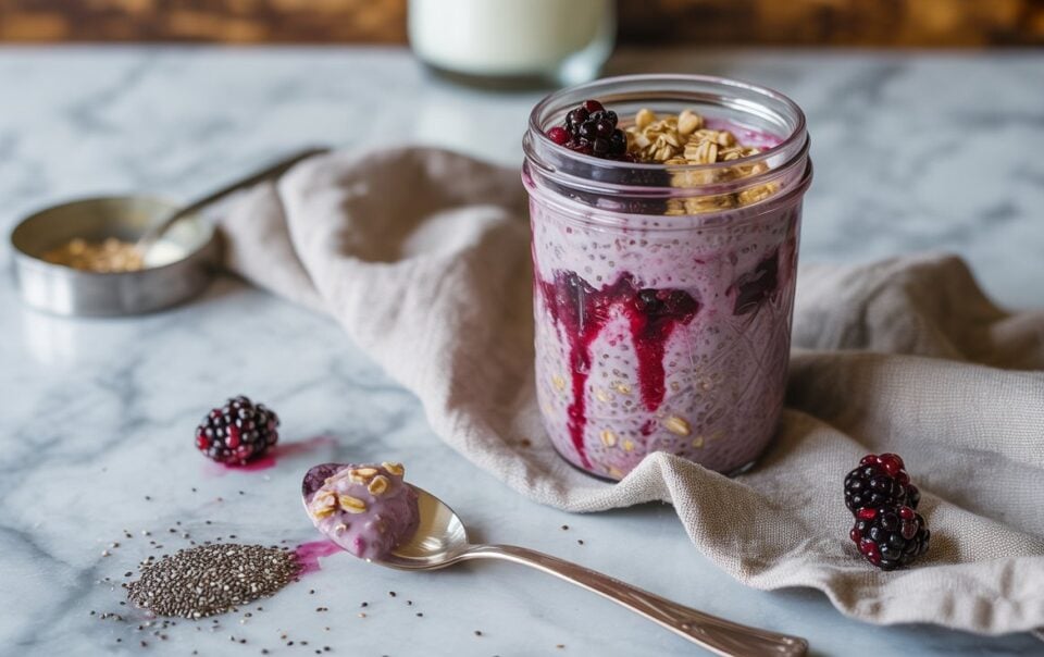 A jar of chia pudding topped with granola, blackberries, and berry sauce sits on a marble surface beside a spoonful of pudding, scattered chia seeds, and a few blackberries. In the background are a cup of oats perfect for making overnight oats and a glass of milk.