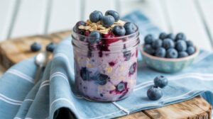 A glass jar filled with blueberry muffin overnight oats, creamy yogurt, oats, and fresh blueberries sits on a blue cloth with a bowl of blueberries and a spoon in the background.