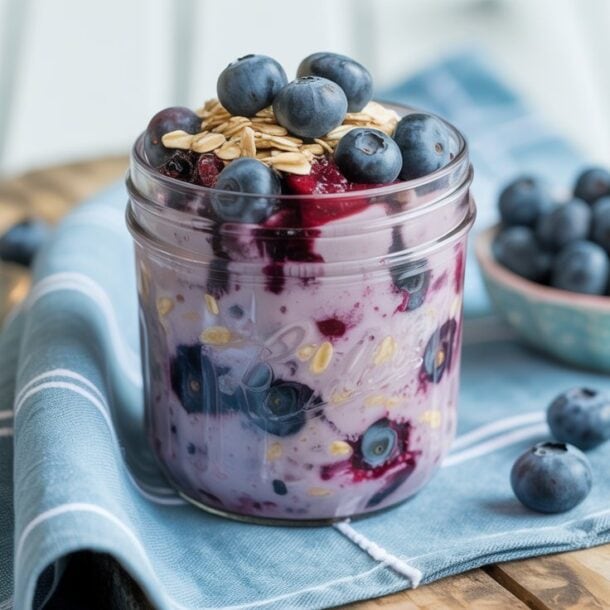 A glass jar filled with blueberry muffin overnight oats, creamy yogurt, oats, and fresh blueberries sits on a blue cloth with a bowl of blueberries and a spoon in the background.