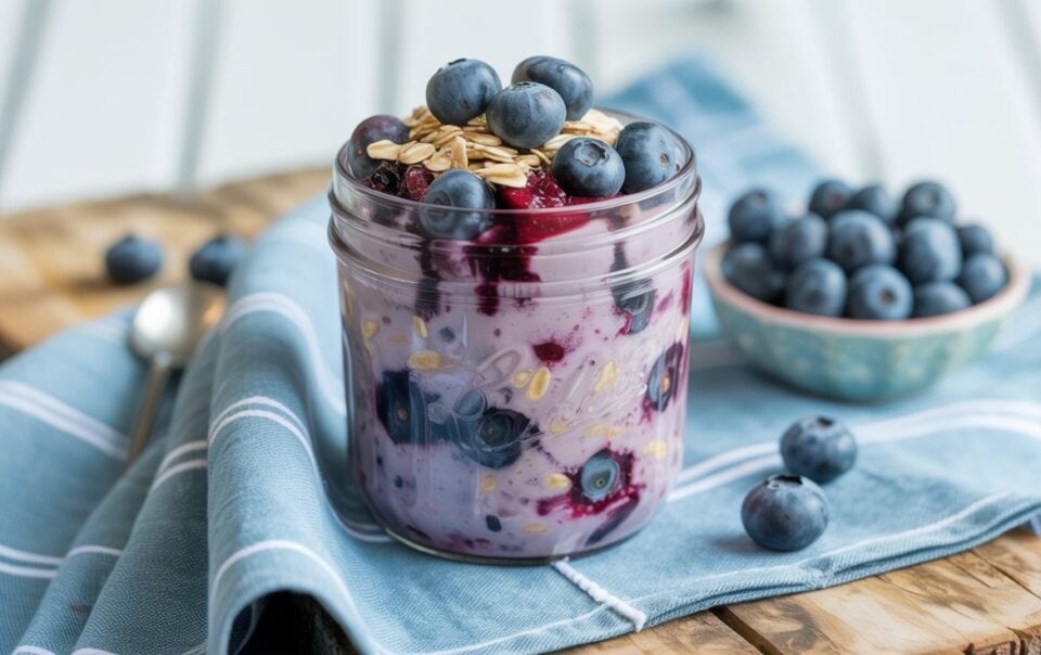 A glass jar filled with blueberry muffin overnight oats, creamy yogurt, oats, and fresh blueberries sits on a blue cloth with a bowl of blueberries and a spoon in the background.