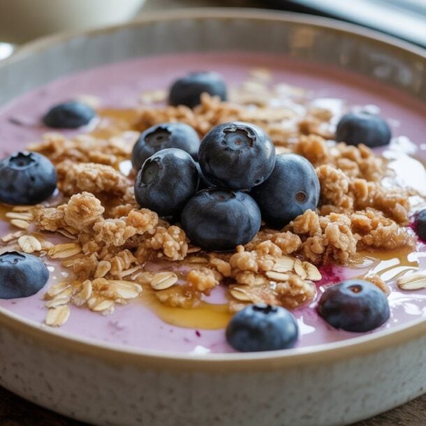 A Blueberry Muffin Protein Bowl featuring pink yogurt, granola, fresh blueberries, oats, and honey sits on a wooden table with a spoon and glass—an irresistible high protein breakfast with 32g protein.