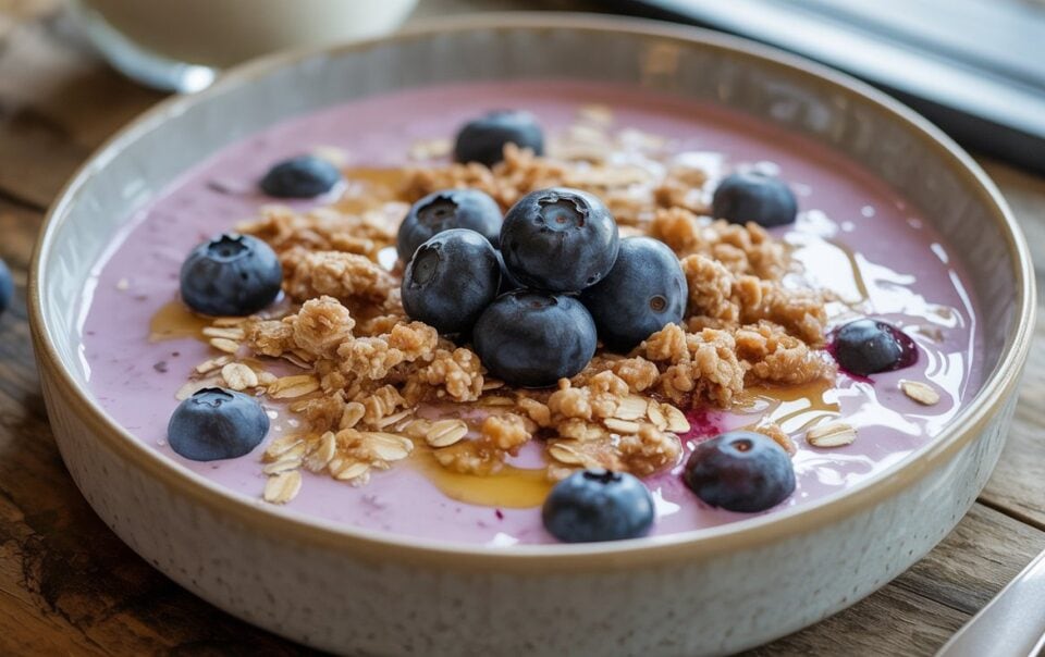 A Blueberry Muffin Protein Bowl featuring pink yogurt, granola, fresh blueberries, oats, and honey sits on a wooden table with a spoon and glass—an irresistible high protein breakfast with 32g protein.