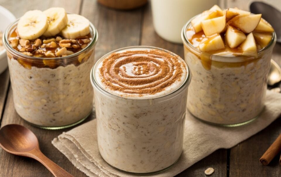 Three jars of overnight oats recipe are on a wooden table: one topped with banana slices and nuts, one with a swirl of cinnamon, and one with chopped apples, caramel sauce, and brown sugar. A wooden spoon and cinnamon sticks are nearby.