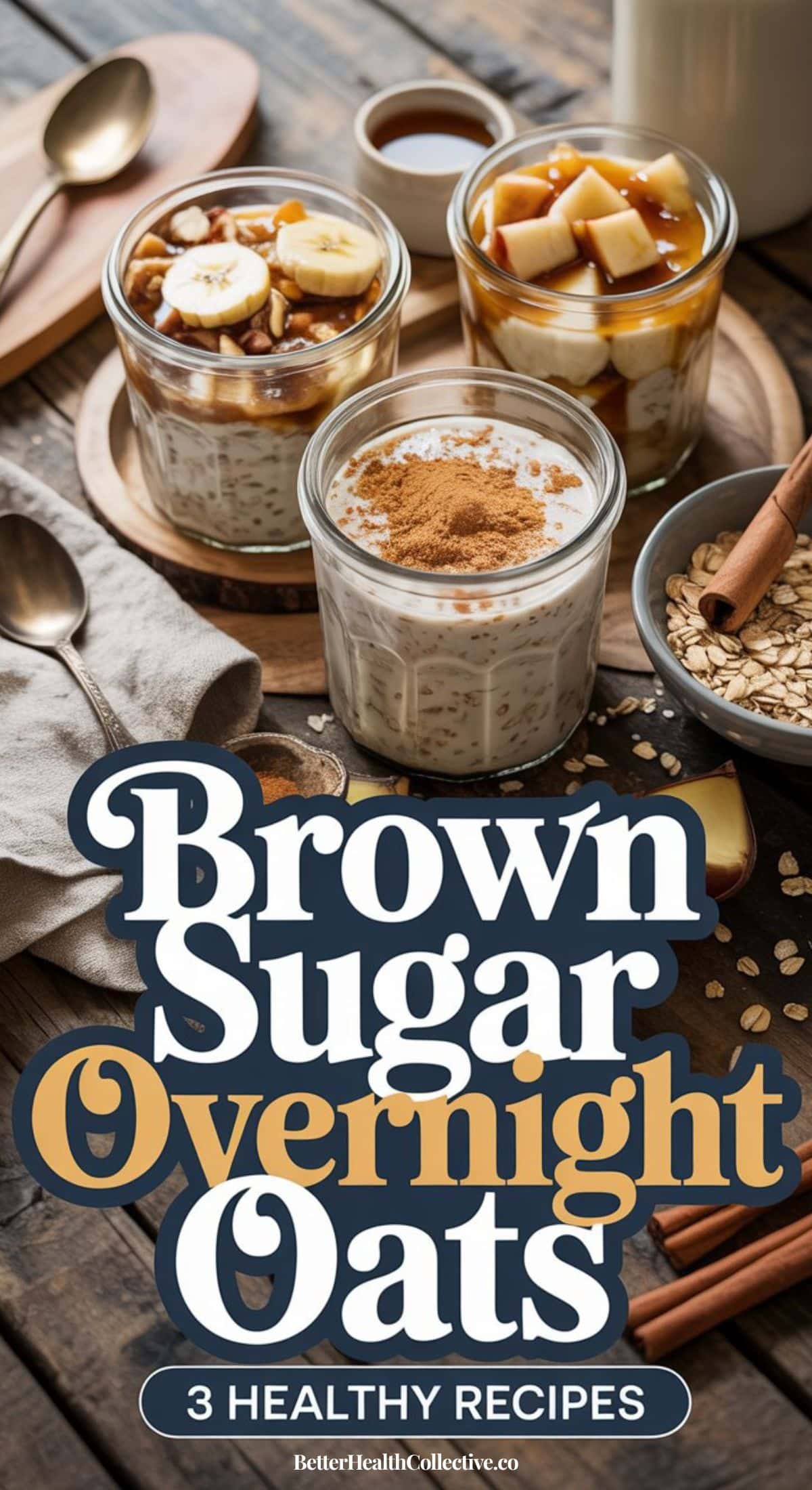Three jars of easy overnight oats topped with bananas, apples, and cinnamon sit on a rustic wooden table surrounded by oats, spoons, milk, and a brown sugar bowl. Text reads: Brown Sugar Overnight Oats: 3 Healthy Recipes.