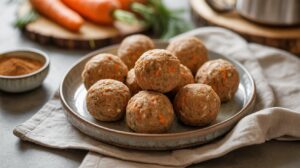 A plate of round, homemade high-protein meatballs with visible carrot pieces sits on a cloth napkin. Fresh carrots and a small bowl of spices are in the background, offering inspiration for your next healthy snack.