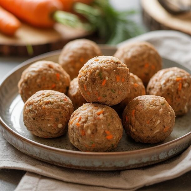 A plate of round, homemade high-protein meatballs with visible carrot pieces sits on a cloth napkin. Fresh carrots and a small bowl of spices are in the background, offering inspiration for your next healthy snack.