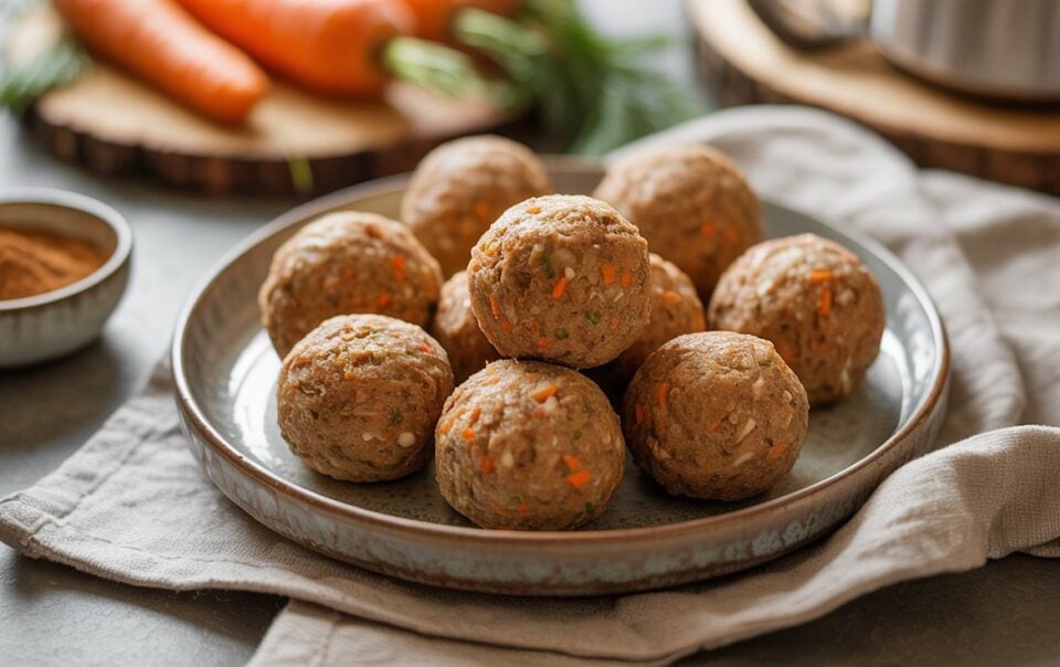 A plate of round, homemade high-protein meatballs with visible carrot pieces sits on a cloth napkin. Fresh carrots and a small bowl of spices are in the background, offering inspiration for your next healthy snack.