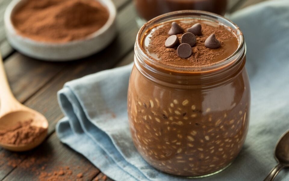 A glass jar filled with Chocolate Brownie Batter Overnight Oats, topped with cocoa powder and chocolate chips, sits on a blue cloth with a wooden spoon and a bowl of cocoa powder nearby on a rustic wooden table.