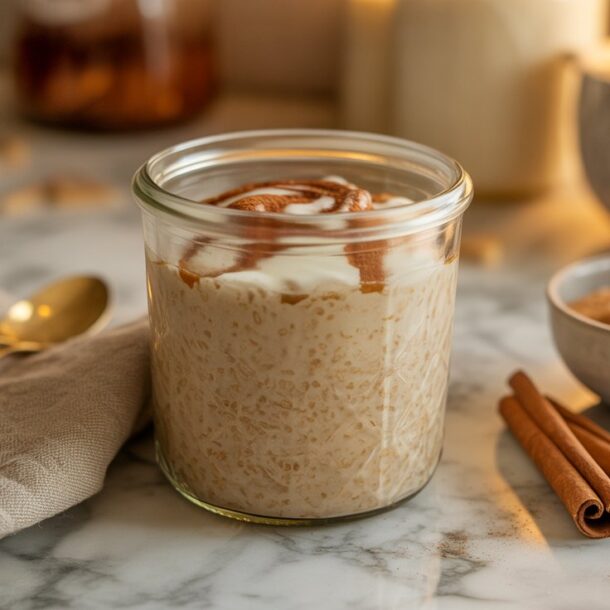 A glass jar filled with Cinnamon Roll Overnight Oats, topped with cinnamon, sits on a marble surface next to two gold spoons, a napkin, a bowl of brown sugar, and two cinnamon sticks. Warm, soft lighting creates a cozy atmosphere.