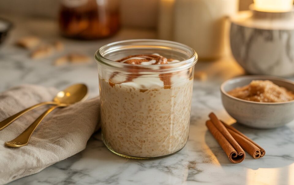 A glass jar filled with Cinnamon Roll Overnight Oats, topped with cinnamon, sits on a marble surface next to two gold spoons, a napkin, a bowl of brown sugar, and two cinnamon sticks. Warm, soft lighting creates a cozy atmosphere.