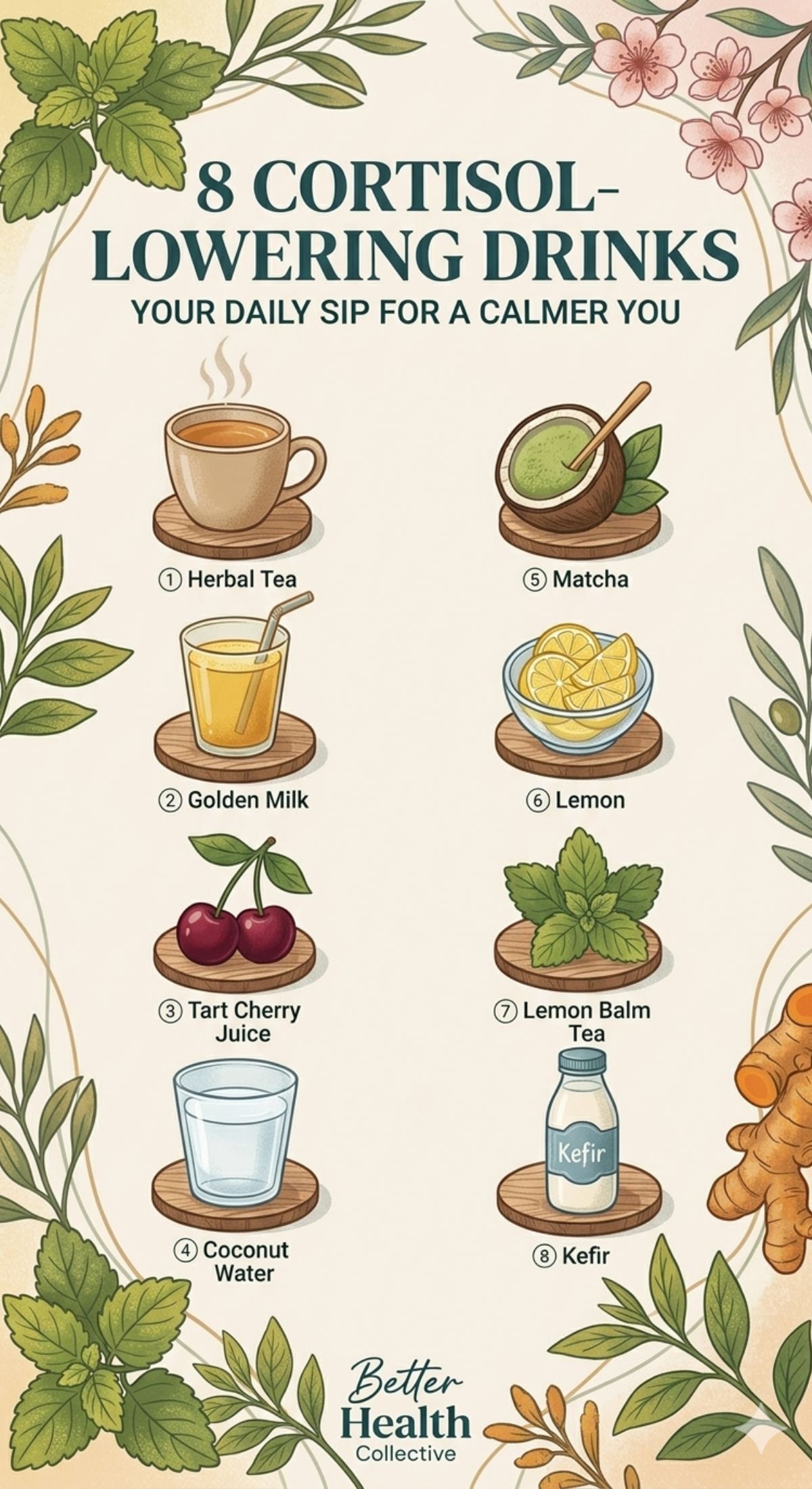 An illustrated guide titled 8 Cortisol-Lowering Drinks features herbal tea, matcha, golden milk, and more—delicious ways to calm your nervous system and stop the stress cycle with soothing beverage options.