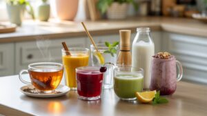 A variety of cortisol-lowering drinks on a kitchen table, including tea, orange juice, a red beverage with a cherry, green juice, a smoothie with nuts, milk, and lemon wedges—perfect options to calm your nervous system. Plants add serenity in the background.