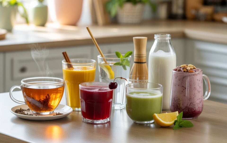 A variety of cortisol-lowering drinks on a kitchen table, including tea, orange juice, a red beverage with a cherry, green juice, a smoothie with nuts, milk, and lemon wedges—perfect options to calm your nervous system. Plants add serenity in the background.