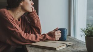 A person in a pink sweater sits by a window, resting their chin on their hand and holding a blue mug. An open notebook for tracking signs of cortisol imbalance lies on the wooden table beside them, with a small plant in the corner.