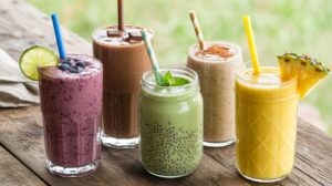 Five colorful smoothies in glasses sit on a wooden table, each with a straw and unique garnish: blueberries and lime, chocolate cubes, mint leaves, cinnamon, and pineapple slices. The background is softly blurred.