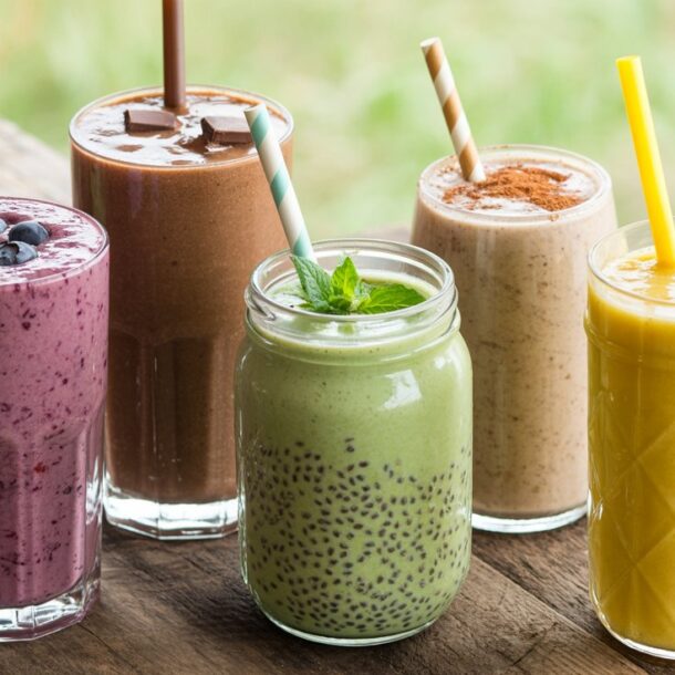 Five colorful smoothies in glasses sit on a wooden table, each with a straw and unique garnish: blueberries and lime, chocolate cubes, mint leaves, cinnamon, and pineapple slices. The background is softly blurred.