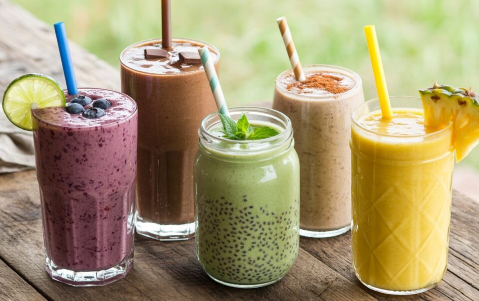Five colorful smoothies in glasses sit on a wooden table, each with a straw and unique garnish: blueberries and lime, chocolate cubes, mint leaves, cinnamon, and pineapple slices. The background is softly blurred.