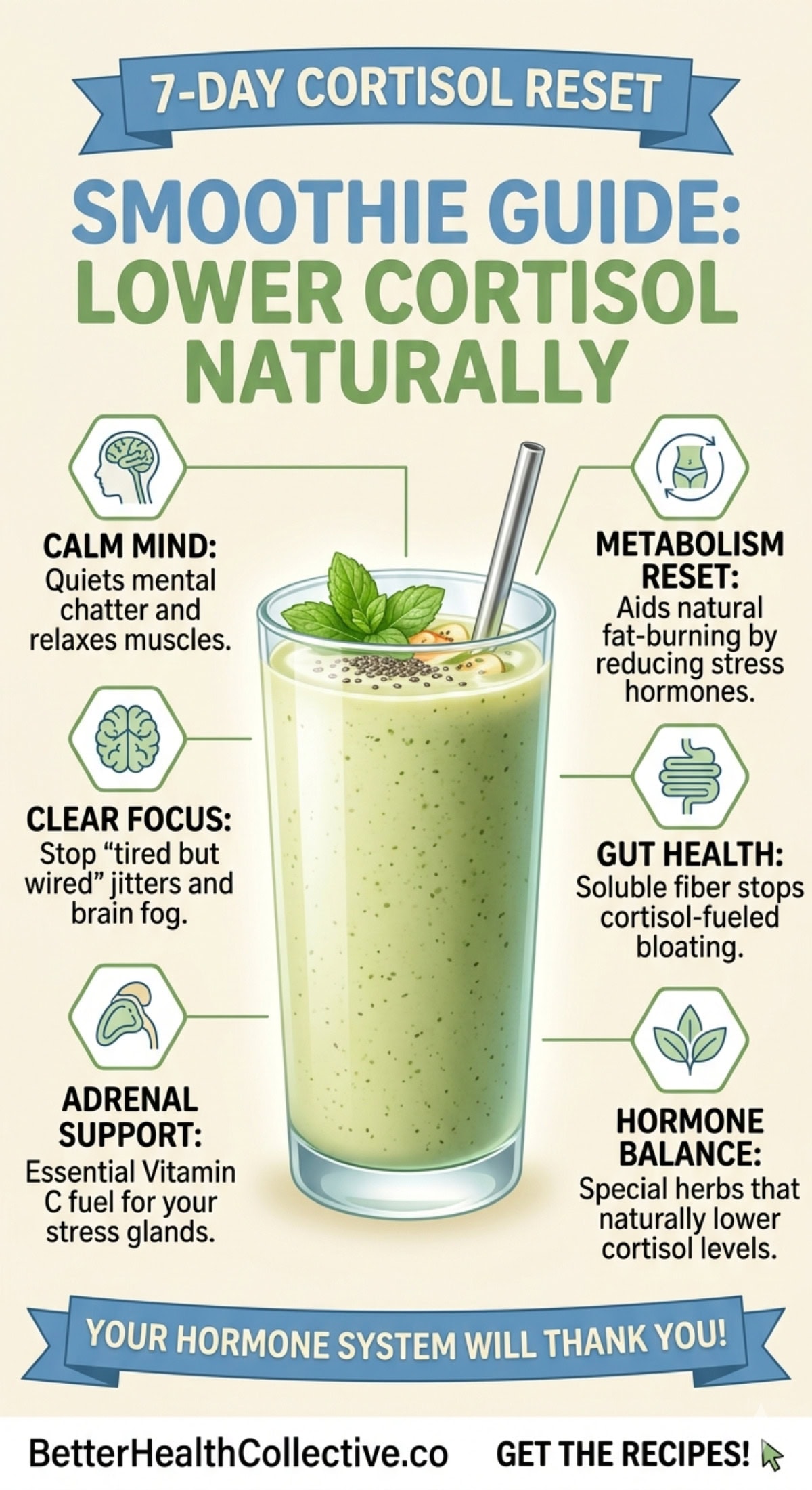 A green smoothie in a glass with a straw, surrounded by icons and text highlighting stress relief, weight loss, calming the mind, boosting metabolism, gut health, hormone balance, adrenal support, and easing jitters. Website and recipe info below.
