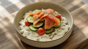 A Cottage Cheese Bagel Bowl topped with sliced cucumbers, cherry tomatoes, and smoked salmon, sprinkled with herbs, set on a wooden surface in natural light.