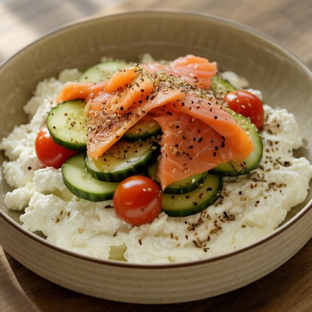 A Cottage Cheese Bagel Bowl topped with sliced cucumbers, cherry tomatoes, and smoked salmon, sprinkled with herbs, set on a wooden surface in natural light.