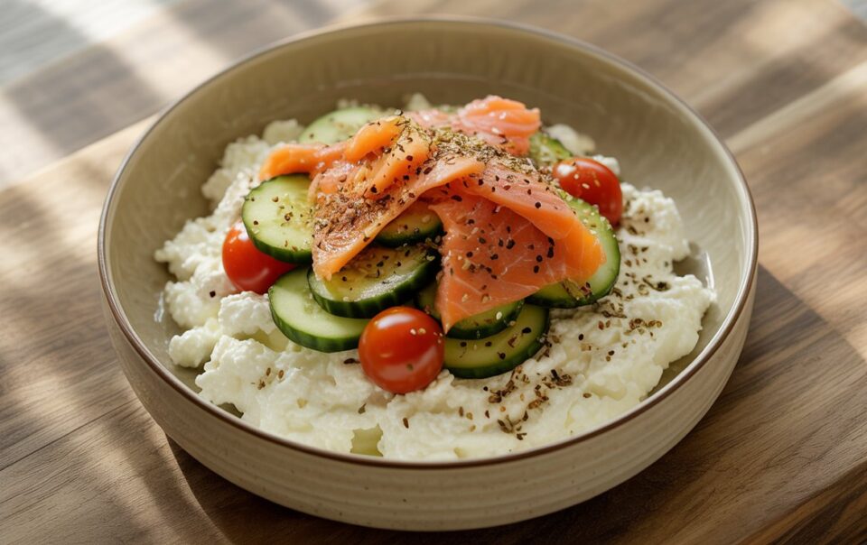 A Cottage Cheese Bagel Bowl topped with sliced cucumbers, cherry tomatoes, and smoked salmon, sprinkled with herbs, set on a wooden surface in natural light.