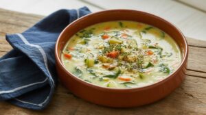 A shallow brown bowl filled with creamy cottage cheese soup, featuring chunks of carrot, celery, and greens, garnished with herbs, sits on a rustic wooden table beside a folded blue cloth napkin—a delicious high protein recipe.