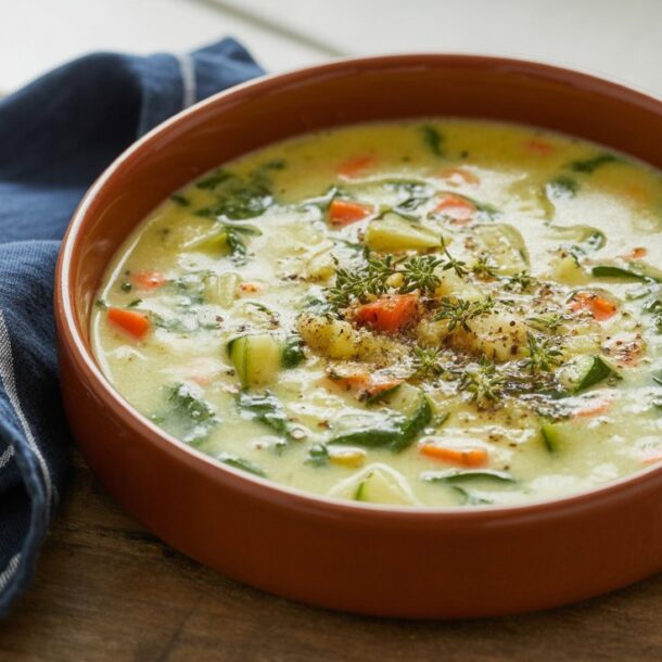 A shallow brown bowl filled with creamy cottage cheese soup, featuring chunks of carrot, celery, and greens, garnished with herbs, sits on a rustic wooden table beside a folded blue cloth napkin—a delicious high protein recipe.