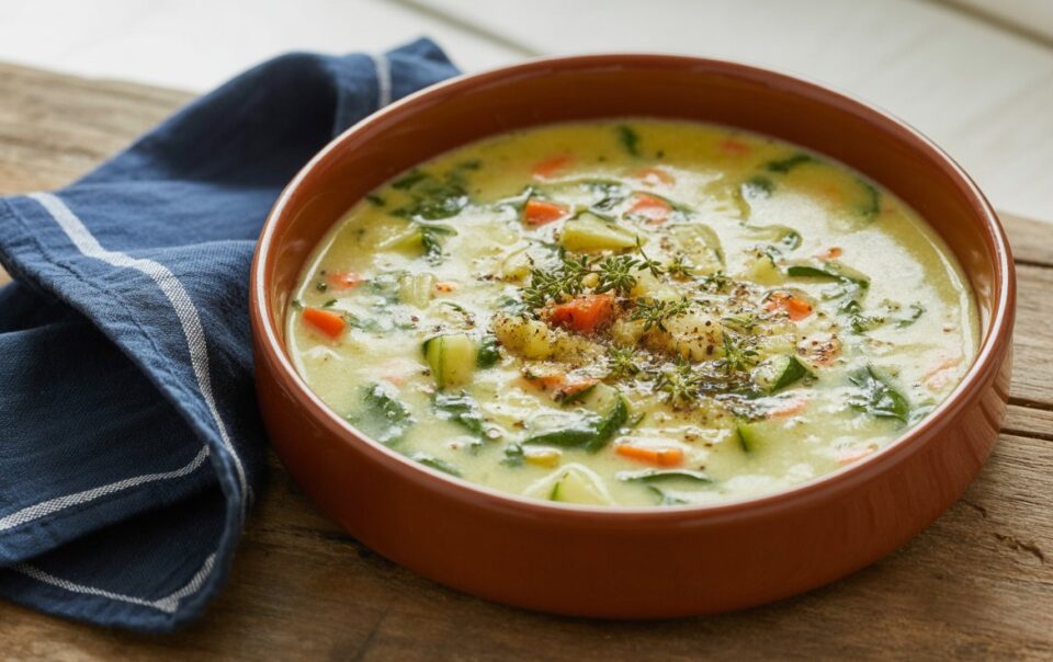 A shallow brown bowl filled with creamy cottage cheese soup, featuring chunks of carrot, celery, and greens, garnished with herbs, sits on a rustic wooden table beside a folded blue cloth napkin—a delicious high protein recipe.