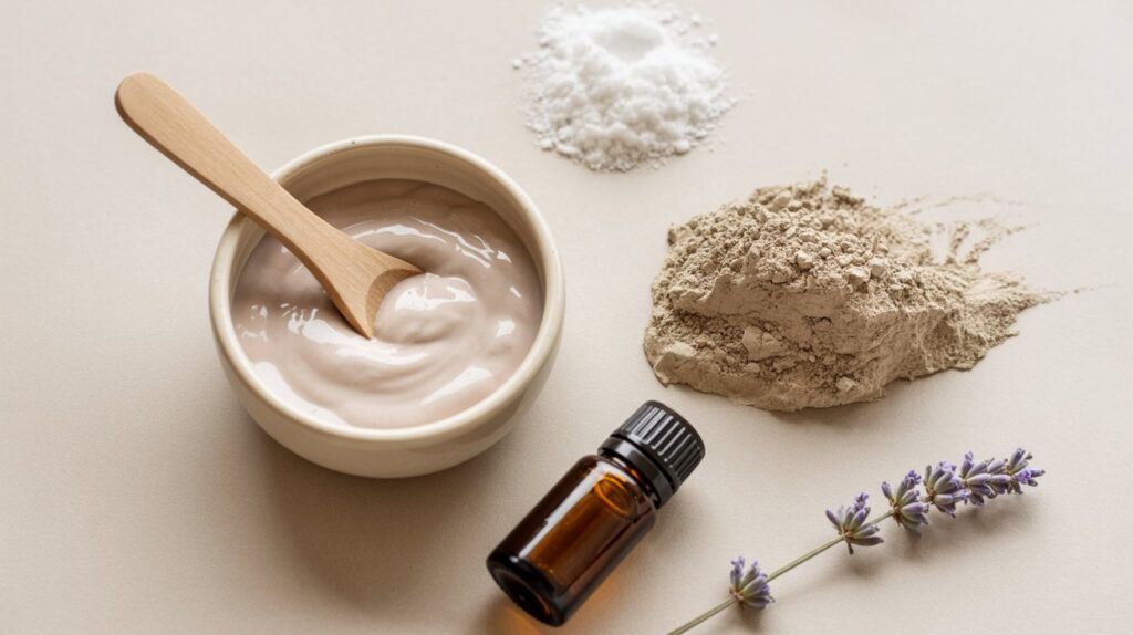 A bowl of creamy face mask with a wooden spoon sits beside clay powder, a small brown glass bottle—perfect for an anti-itch remedy—a heap of white powder, and a sprig of lavender on a light surface.