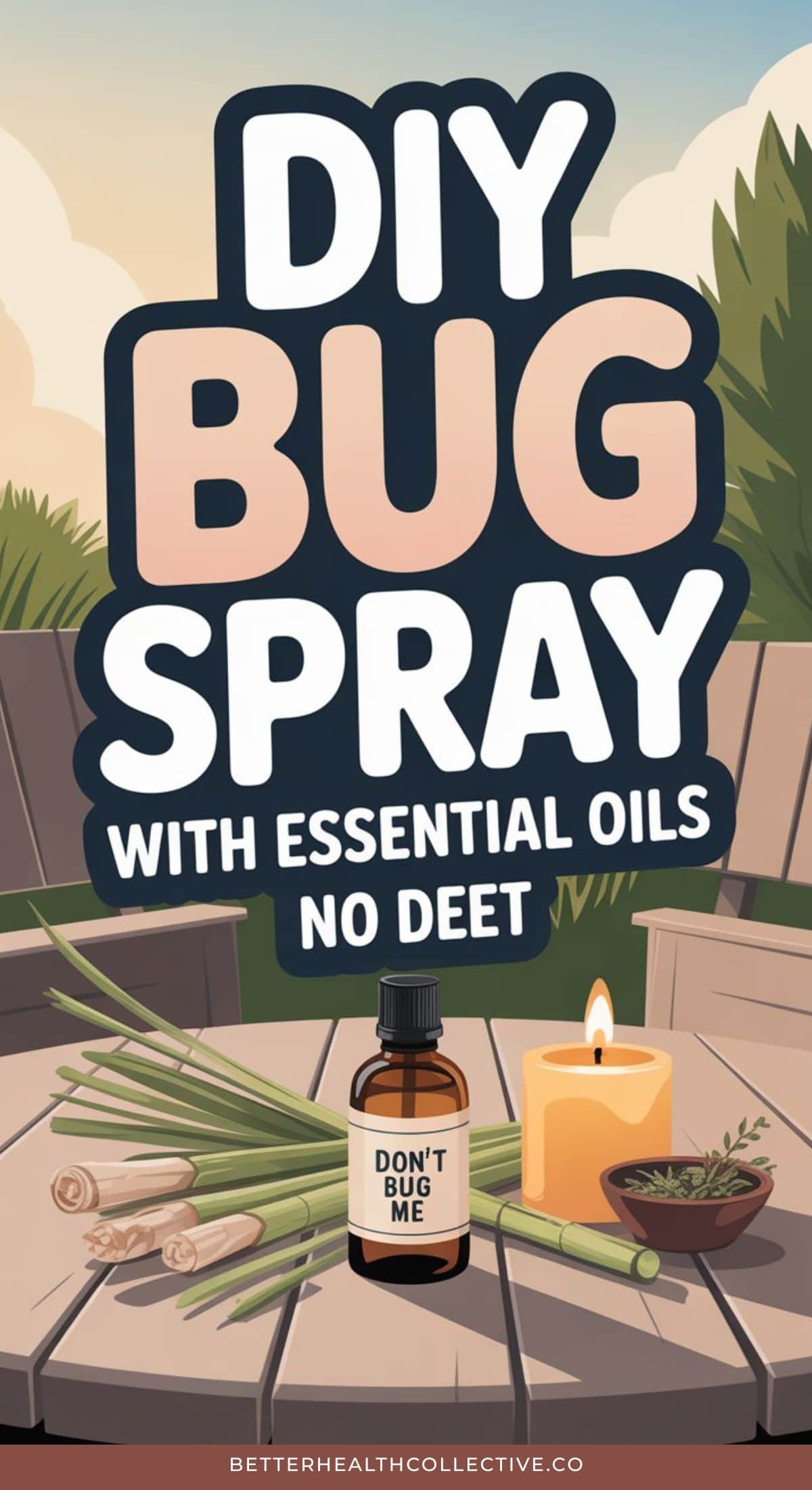 Brown glass bottle labeled “Dont Bug Me,” a lit candle, lemongrass, and a bowl of herbs on a wooden table outdoors. Large text reads, “DIY Bug Spray with Essential Oils—No DEET.” Perfect for your own diy bug spray recipe! Web address at the bottom.