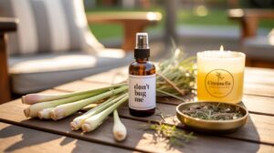 A bottle labeled don't bug me, diy bug spray, lemongrass stalks, a citronella candle, and a bowl of dried herbs are arranged on a wooden outdoor table with blurred patio furniture in the background.