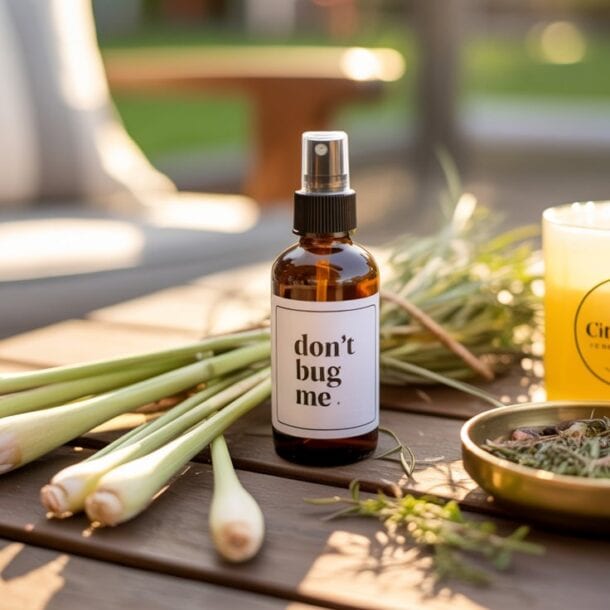 A bottle labeled don't bug me, diy bug spray, lemongrass stalks, a citronella candle, and a bowl of dried herbs are arranged on a wooden outdoor table with blurred patio furniture in the background.