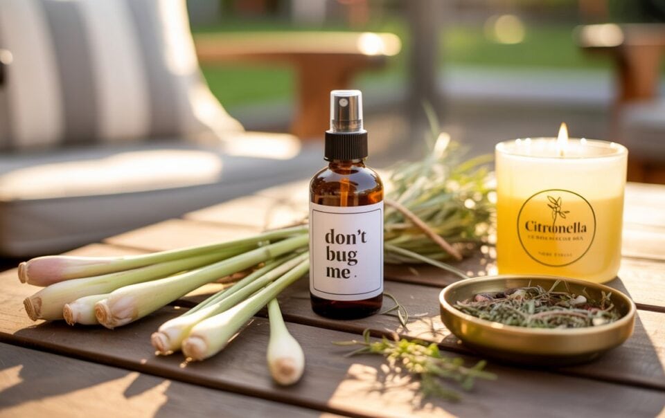 A bottle labeled don't bug me, diy bug spray, lemongrass stalks, a citronella candle, and a bowl of dried herbs are arranged on a wooden outdoor table with blurred patio furniture in the background.