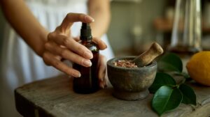 A person’s hand holds a brown glass spray bottle of DIY Magnesium Spray Deodorant beside a stone mortar filled with pink salt and a pestle, on a rustic wooden table with a lemon and green leaves nearby.