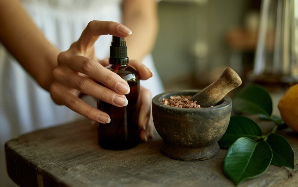 A person’s hand holds a brown glass spray bottle of DIY Magnesium Spray Deodorant beside a stone mortar filled with pink salt and a pestle, on a rustic wooden table with a lemon and green leaves nearby.