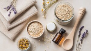 A flat lay of spa ingredients, including bowls and a jar of oats perfect for an oatmeal bath soak, a wooden spoon, a small glass bottle, dried chamomile flowers, lavender sprigs, and two folded beige towels on a light surface.