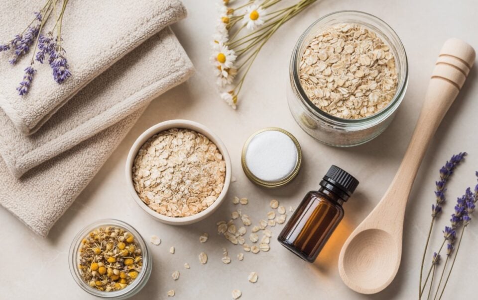 A flat lay of spa ingredients, including bowls and a jar of oats perfect for an oatmeal bath soak, a wooden spoon, a small glass bottle, dried chamomile flowers, lavender sprigs, and two folded beige towels on a light surface.