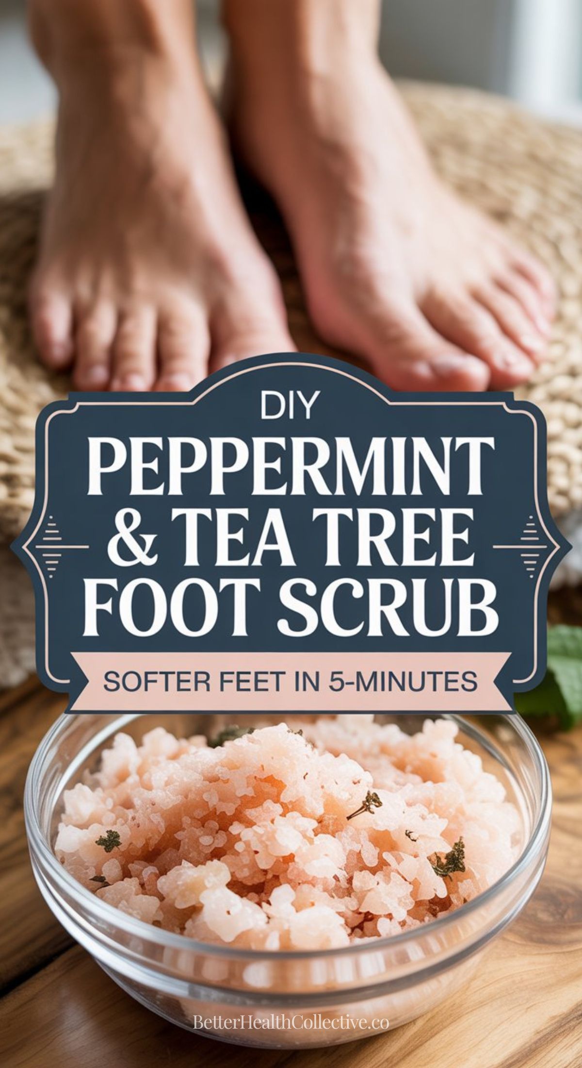 A close-up of bare feet on a woven mat with a bowl of pink foot scrub in the foreground. Text on the image reads: DIY Peppermint & Tea Tree Foot Scrub – sandals-ready feet in 5 minutes.