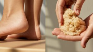 Close-up of a person's bare feet on a wooden surface, showing dry skin on the heel—next to a hand holding a coarse, DIY Foot Scrub, perfect as a summer remedy for sandals-ready feet.