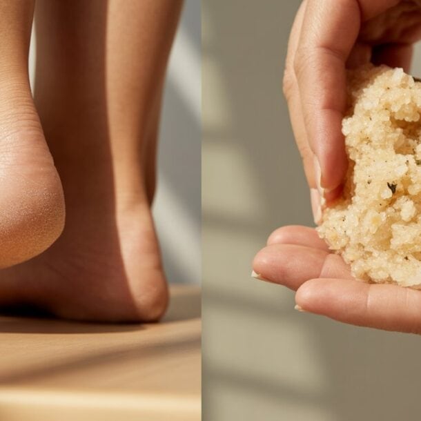Close-up of a person's bare feet on a wooden surface, showing dry skin on the heel—next to a hand holding a coarse, DIY Foot Scrub, perfect as a summer remedy for sandals-ready feet.