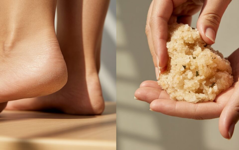 Close-up of a person's bare feet on a wooden surface, showing dry skin on the heel—next to a hand holding a coarse, DIY Foot Scrub, perfect as a summer remedy for sandals-ready feet.