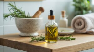A small glass bottle of rosemary oil for hair growth sits on a wooden surface. Nearby are fresh rosemary, a marble mortar and pestle, a folded towel, and a ceramic container, creating a calm, spa-like setting perfect for your DIY recipe.