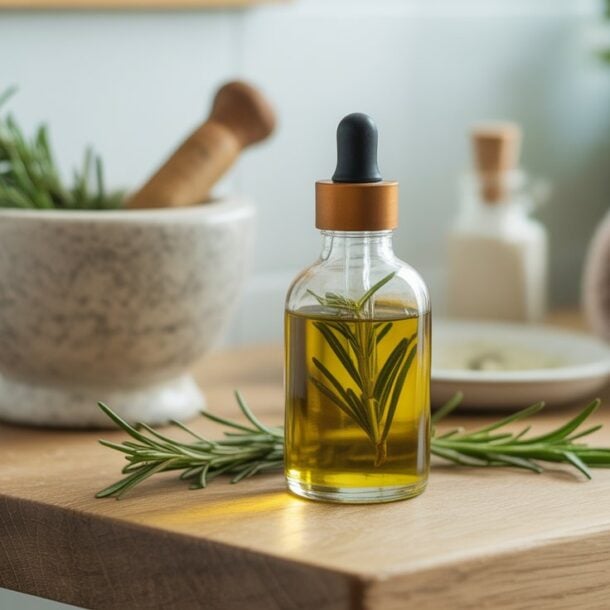 A small glass bottle of rosemary oil for hair growth sits on a wooden surface. Nearby are fresh rosemary, a marble mortar and pestle, a folded towel, and a ceramic container, creating a calm, spa-like setting perfect for your DIY recipe.