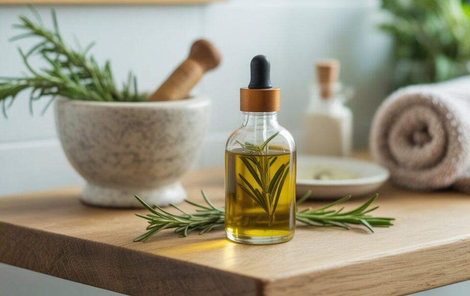 A small glass bottle of rosemary oil for hair growth sits on a wooden surface. Nearby are fresh rosemary, a marble mortar and pestle, a folded towel, and a ceramic container, creating a calm, spa-like setting perfect for your DIY recipe.
