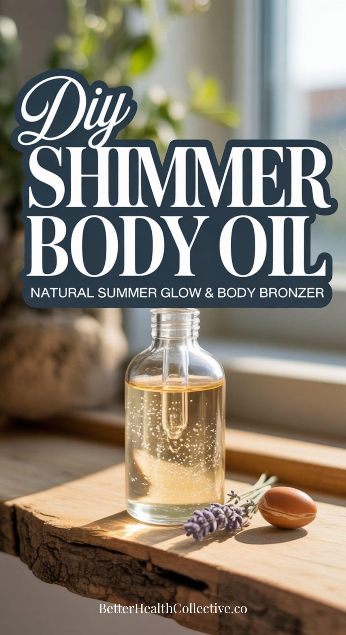 A glass bottle of Shimmer Body Oil sits on a wooden surface beside a sprig of lavender and a small wooden spoon, with sunlight streaming through a window in the background. Text overlay reads: DIY Shimmer Body Oil.