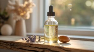 A glass dropper bottle filled with yellow Shimmer Body Oil sits on a wooden windowsill beside a sprig of lavender and a smooth brown stone. Sunlight streams through the window, creating a warm and cozy atmosphere.